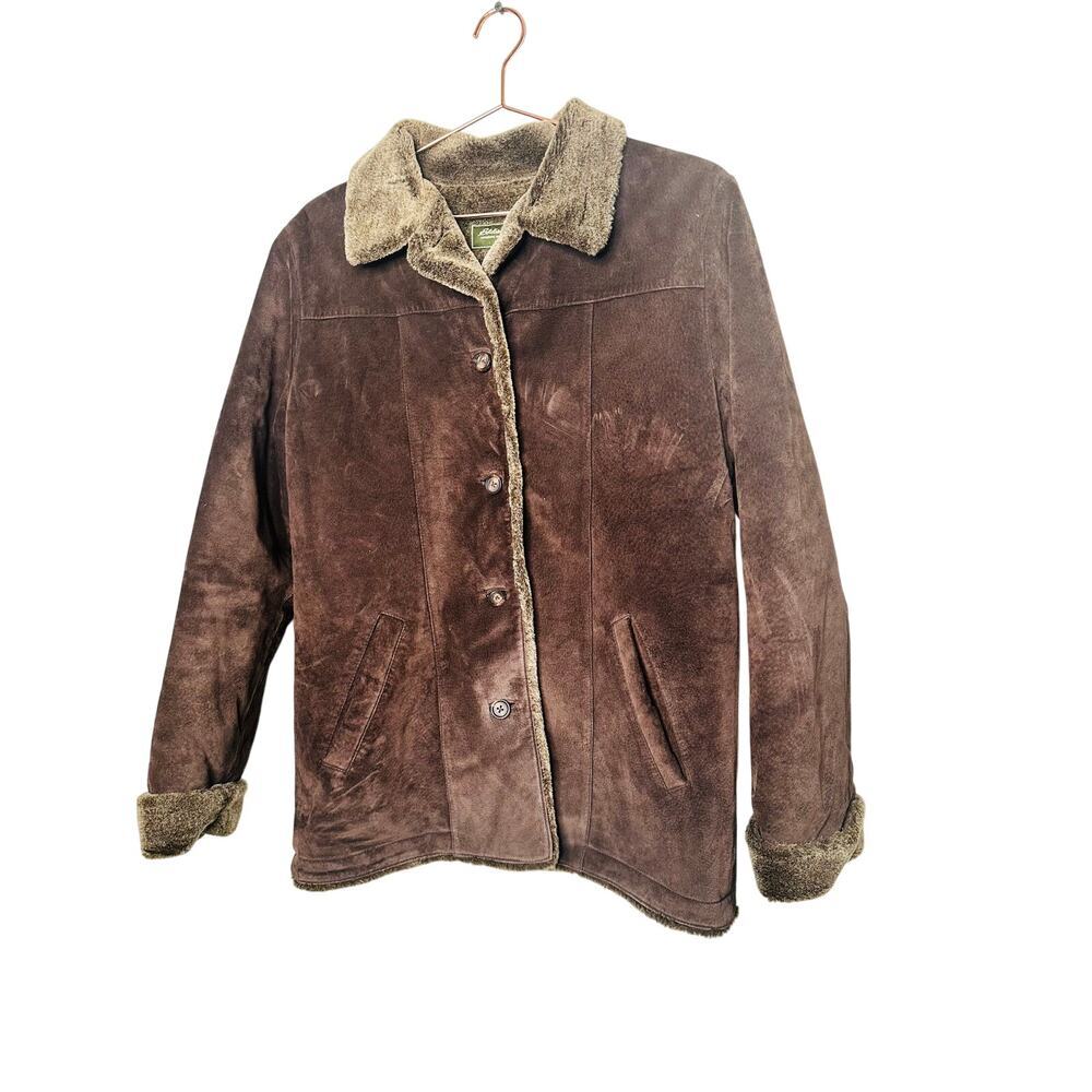 VINTAGE EDDIE BAUER Brown Faux Fur Lined Suede Leather Oversized Coat Size M